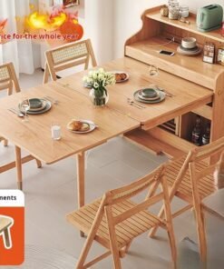Nordic Foldable Dining Table | Extendable Solid Wood Table with Side Cabinet for Small Homes